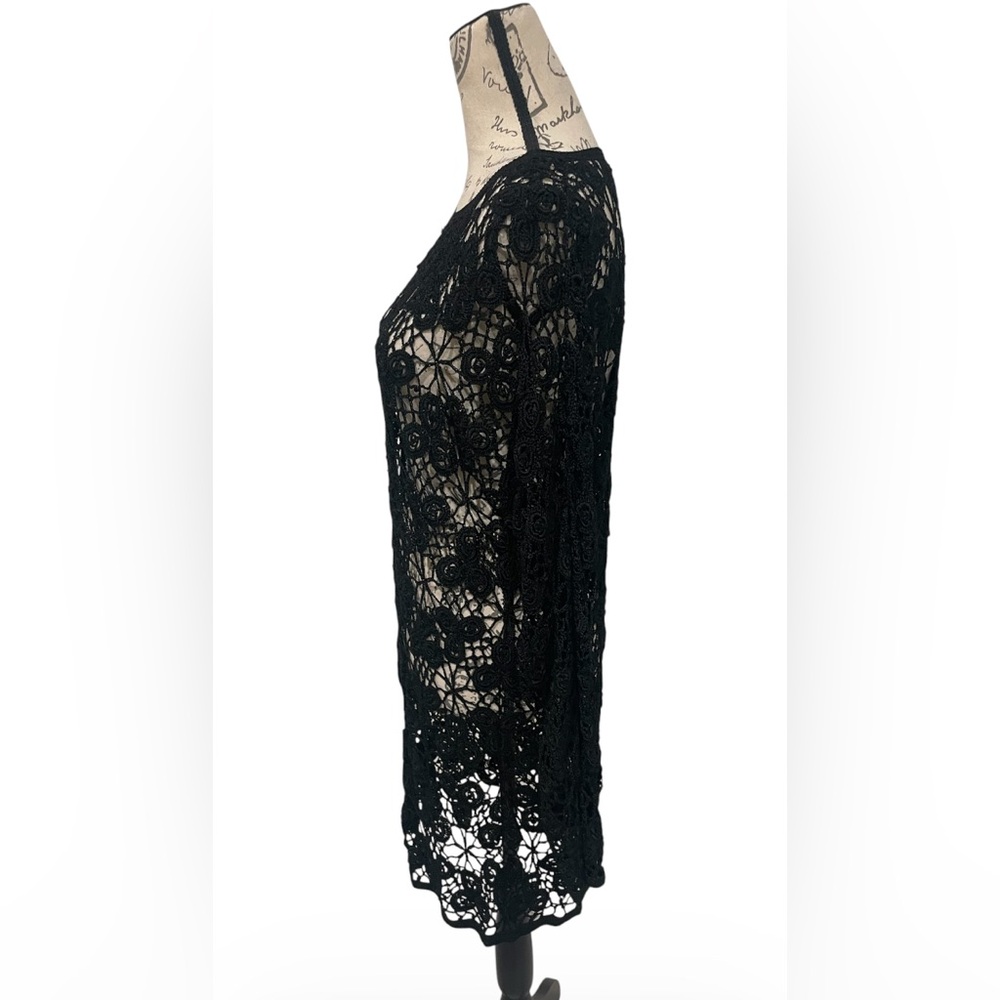 Black Crochet Lace Cover-Up Dress | Sheer Boho Tunic | Beach Resort Layer - Picture 3 of 4
